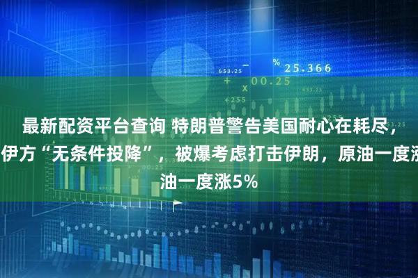最新配资平台查询 特朗普警告美国耐心在耗尽，呼吁伊方“无条件投降”，被爆考虑打击伊朗，原油一度涨5%